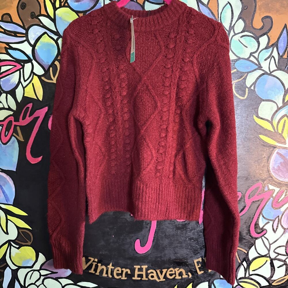 Cosmic Blue Love The Cozy Cable Sweater, Burgundy, Small Petite SP